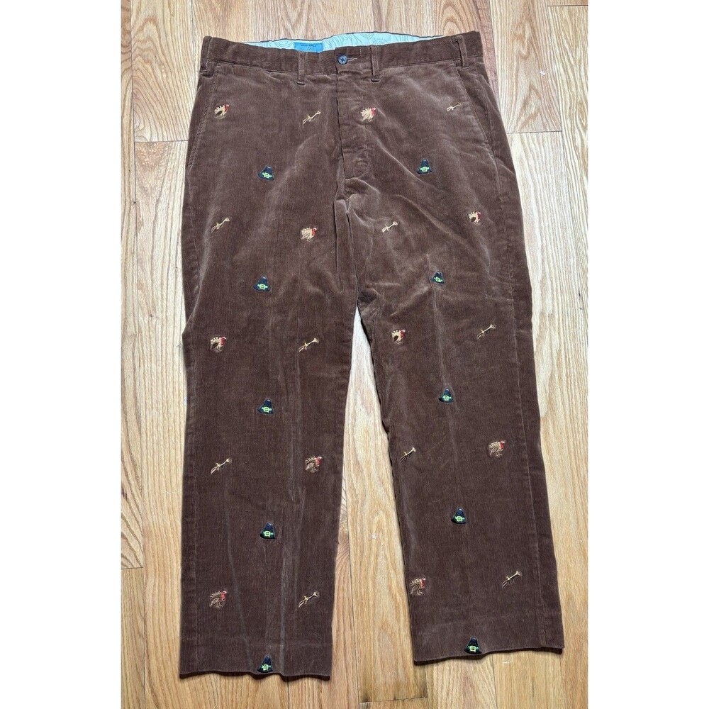 Castaway Nantucket Corduroy Pants Mens 36x28 Brown Thanksgiving Turkey Embroided